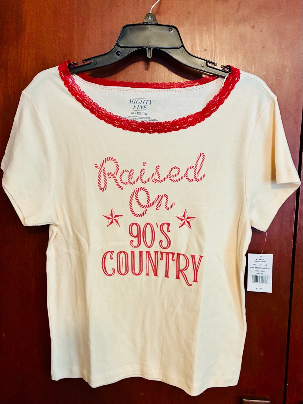 Mighty Fine Cream Tee with Red Trim and Red Graphic